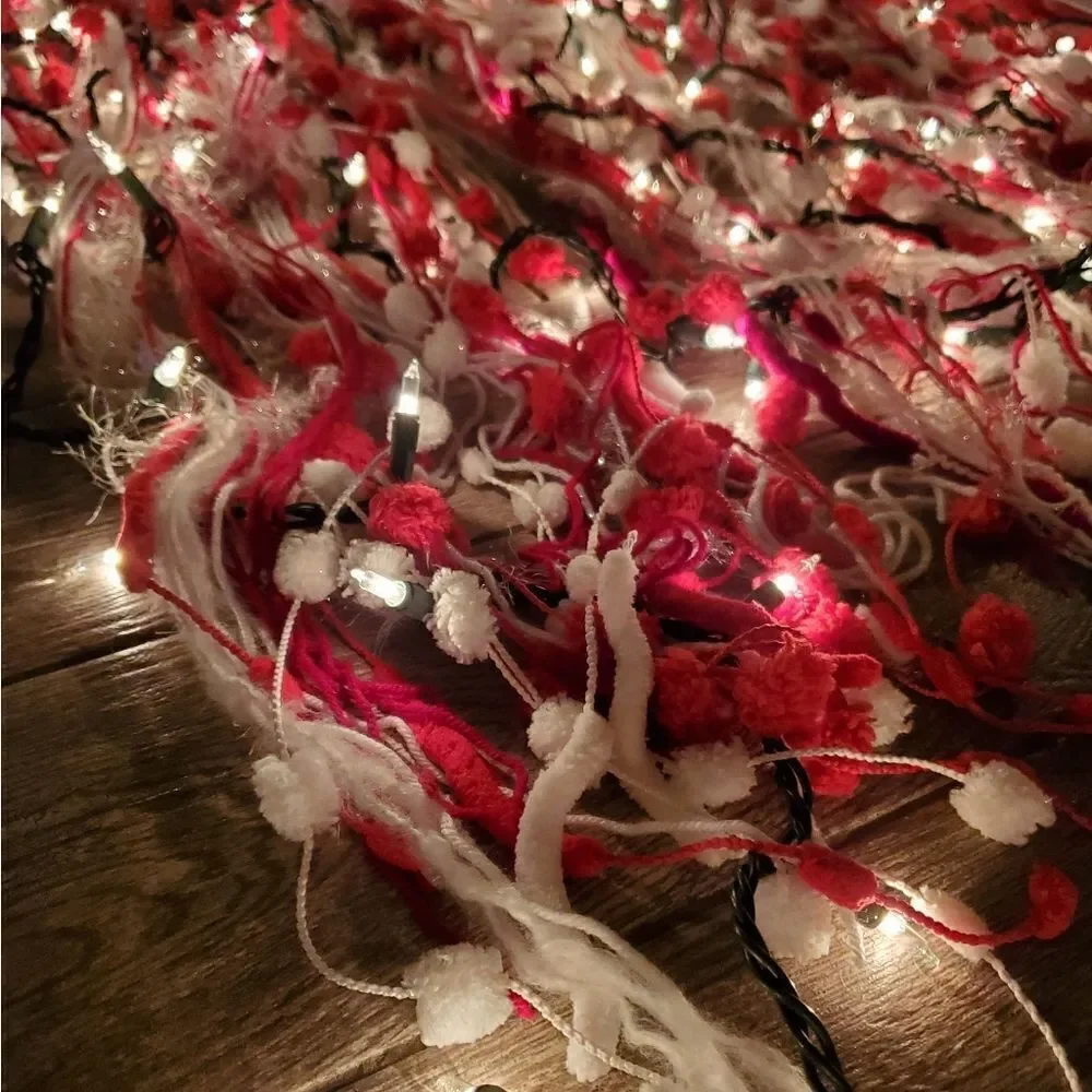 Hand Crafted Scarves or Boho Wall Hanging Decor Red White and Silver set of 4